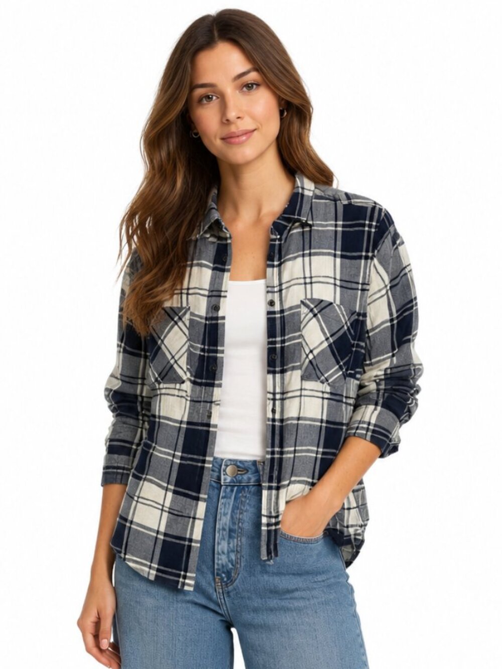 J.Crew Women's Navy Ivory Plaid Flannel Button Down Shirt Size 2
